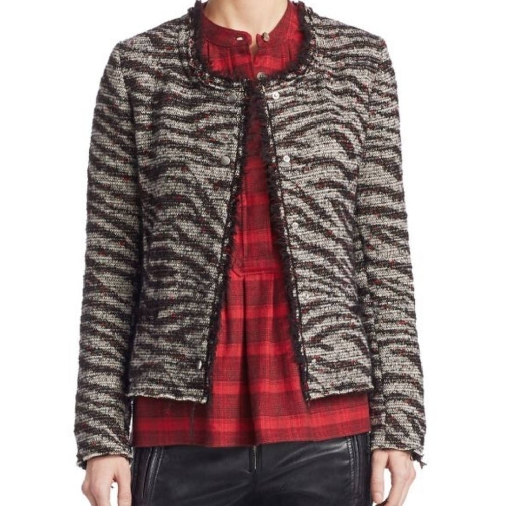 Toile Isabel Marant Lycia Boucle Tweed Jacket Zebra Print Fringe Sz 34